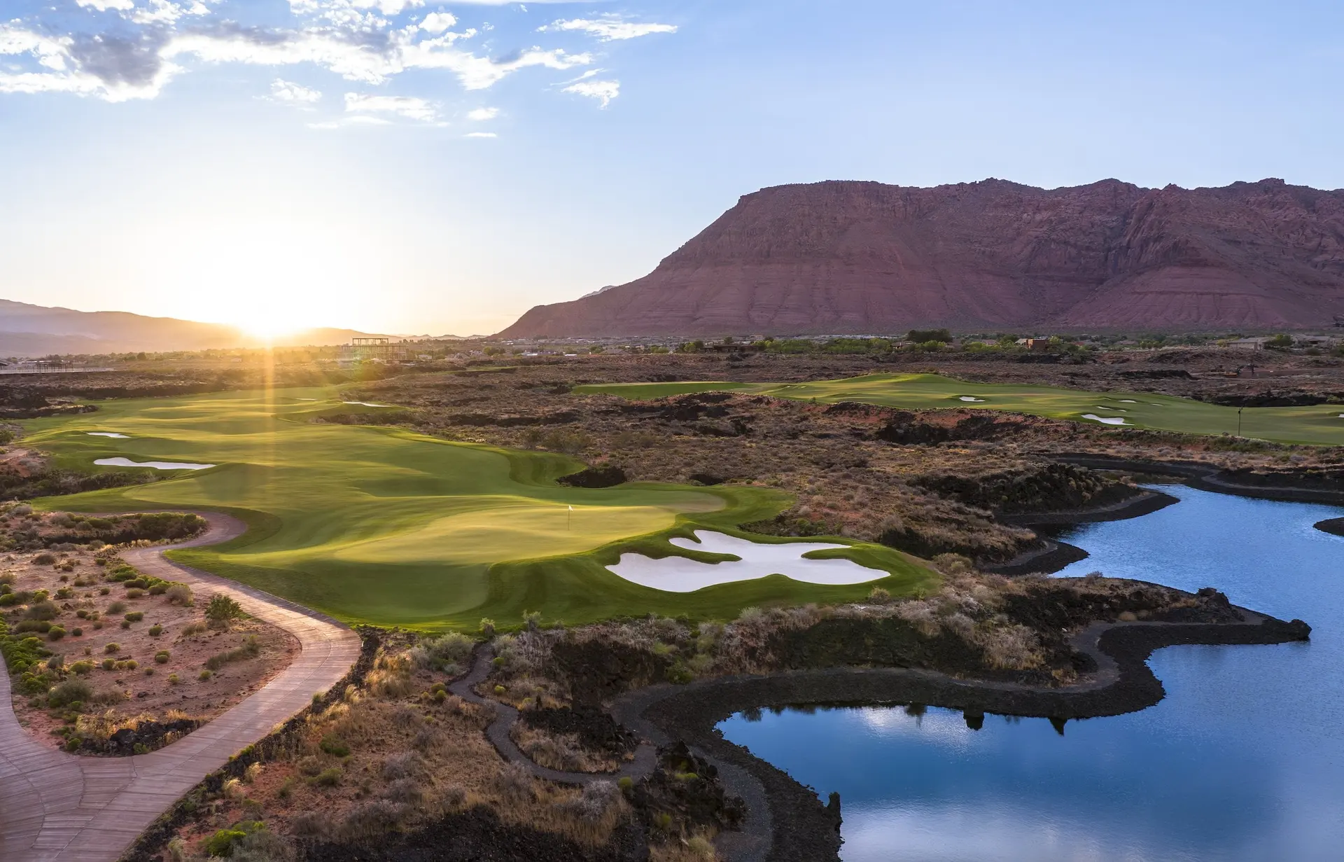 Aerial view of Black Desert Resort and its golf course in Ivins, Utah