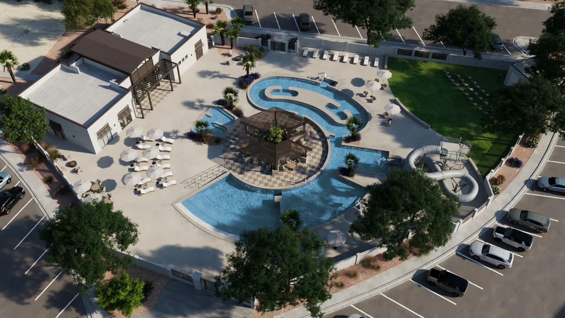 Aerial view of The Isles clubhouse and pools at Coral Canyon