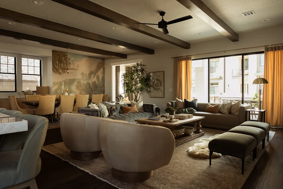Layered living and dining spaces in the Blue Pearl Alley vacation home