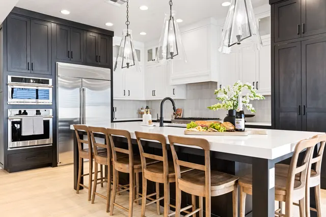 Black-and-white kitchen with a long island