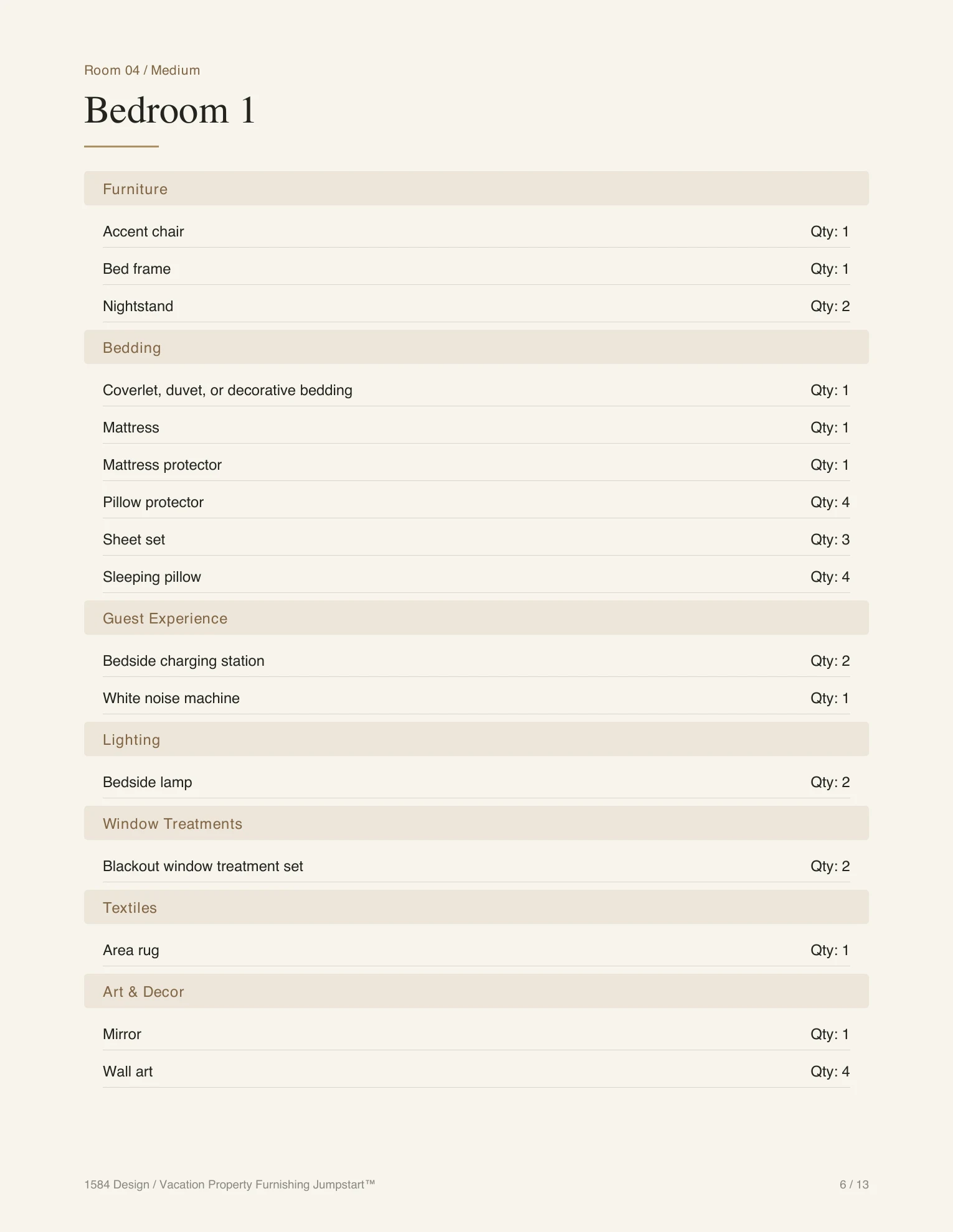 Bedroom furnishing list from the Vacation Property Furnishing Jumpstart